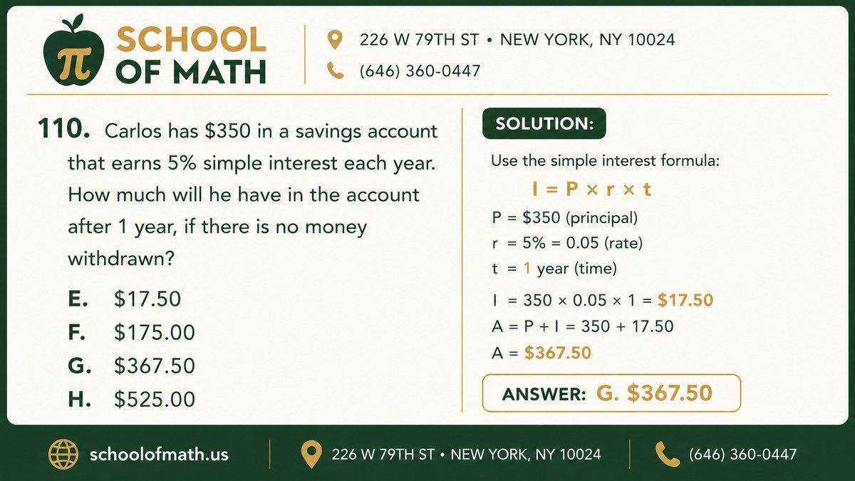 SHSAT Math Question 110 — The Simple Interest Problem Most Students Miss