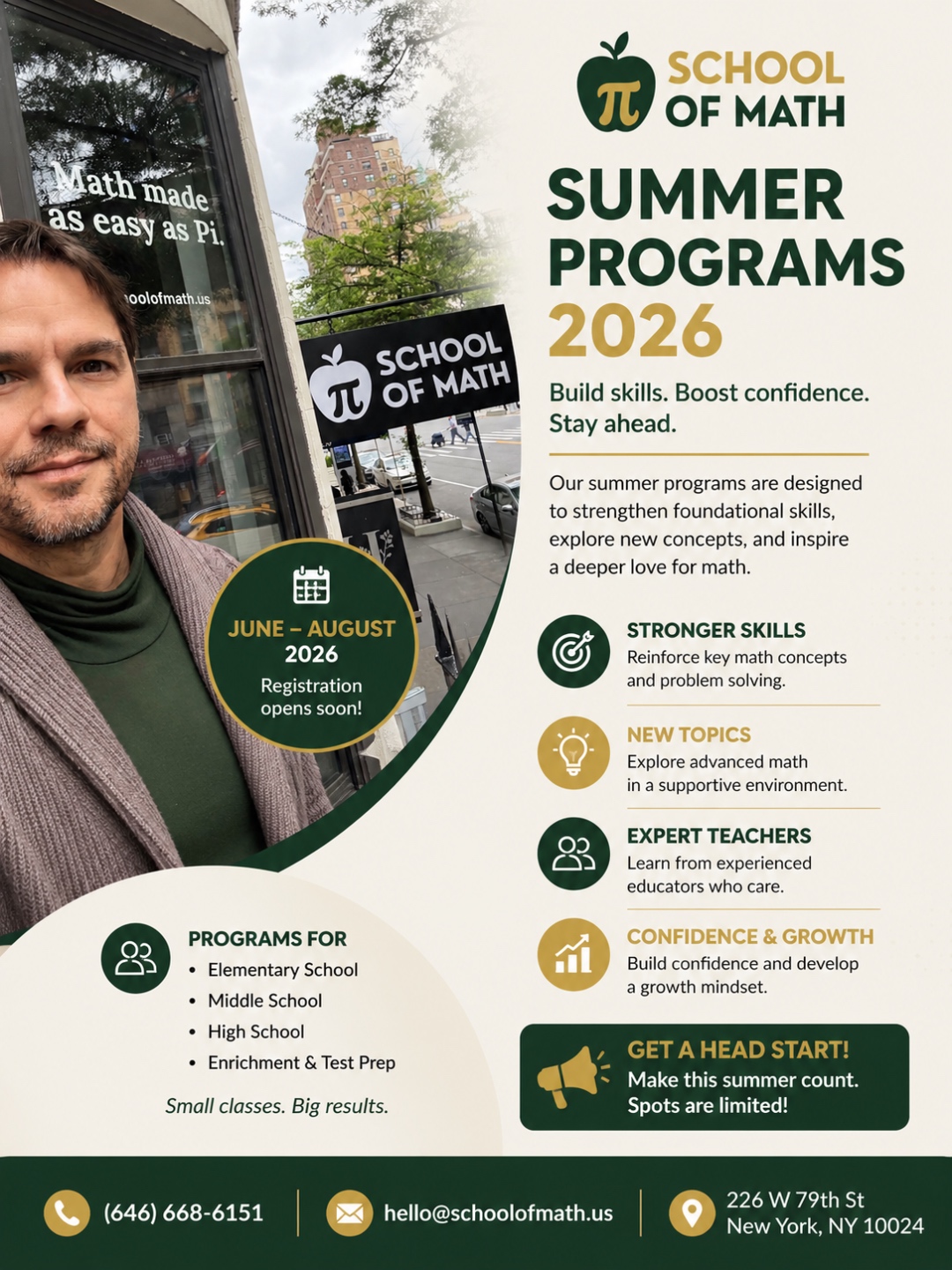 SOMATH School of Math Summer Programs 2026 flyer — June through August 2026, registration opens soon, programs for elementary school, middle school, high school, and enrichment & test prep, with co-founder Marcelo Ambrozio outside the 226 W 79th Street storefront on the Upper West Side of Manhattan.