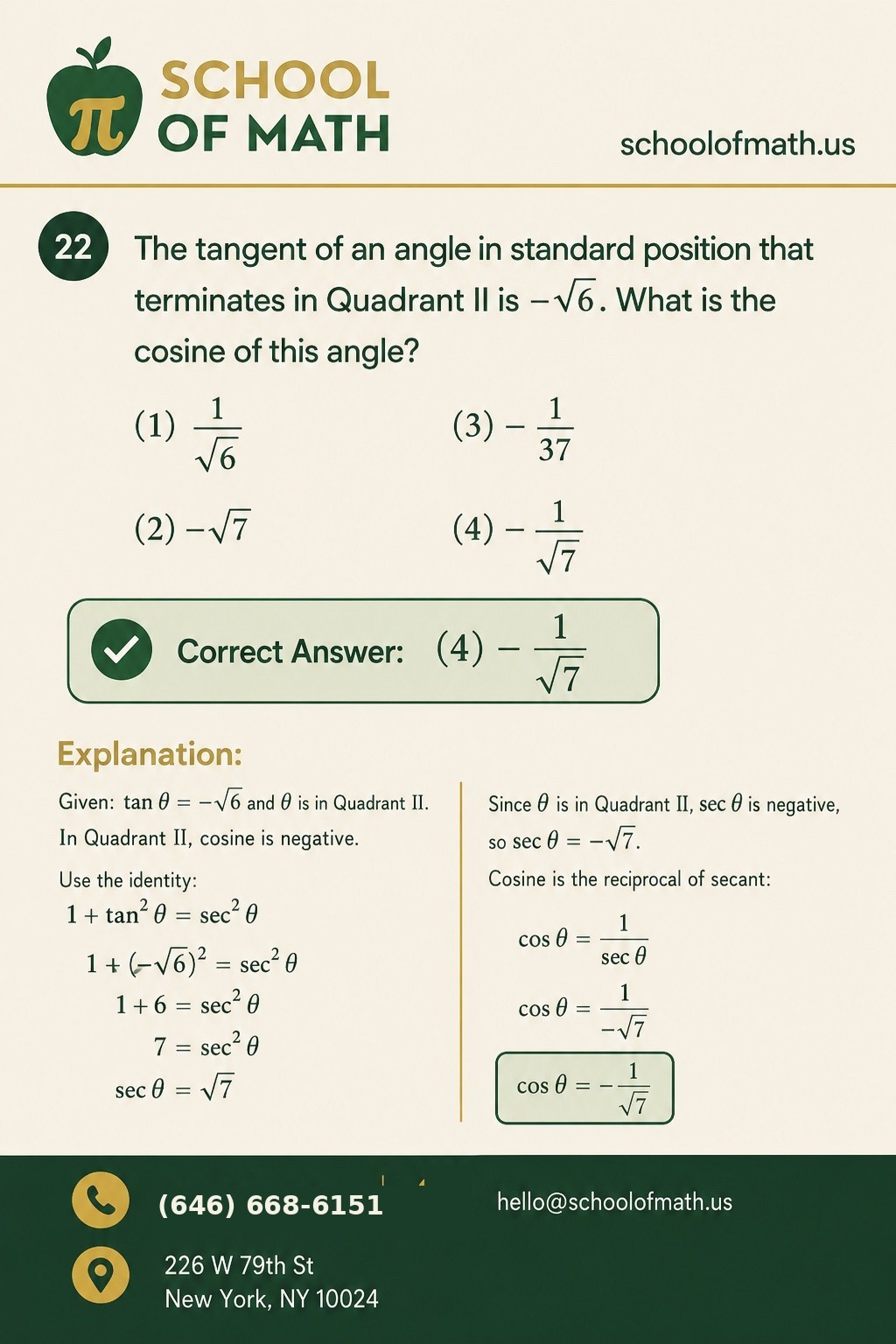 SOMATH worked problem card: tan θ = −√6 in Quadrant II, find cos θ. Correct answer: −1/√7. Full identity-based solution shown.