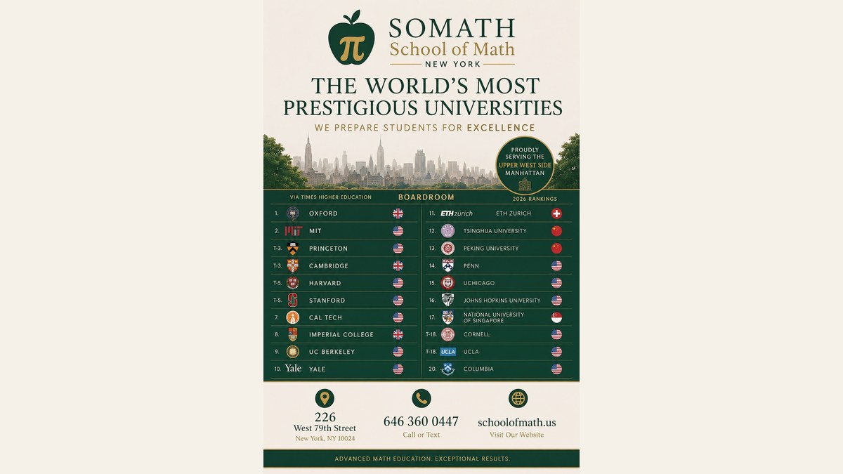 SOMATH infographic listing the world's top 20 universities for 2026 per Times Higher Education, with Oxford, MIT, Princeton, Cambridge, Harvard, Stanford, Caltech, Imperial, UC Berkeley, Yale, ETH Zurich, Tsinghua, Peking, Penn, UChicago, Johns Hopkins, NUS, Cornell, UCLA, and Columbia