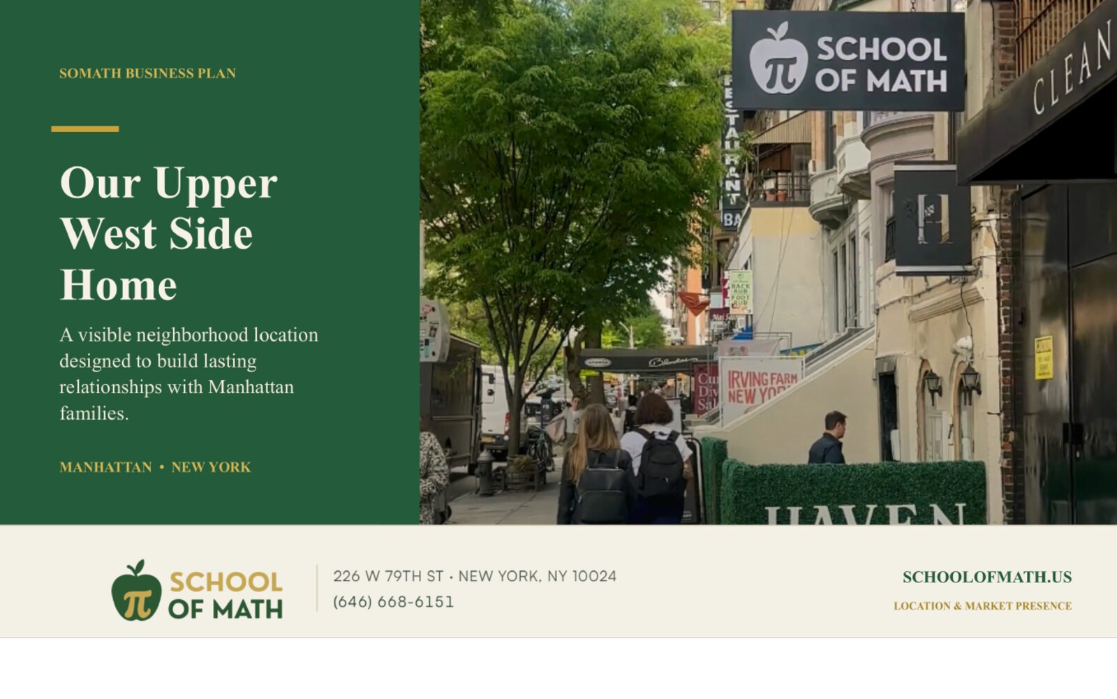 SOMATH storefront on Upper West Side Manhattan — Slide 1 of the business plan.