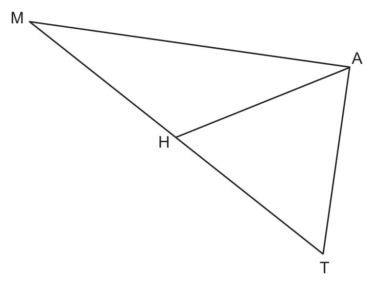 Original August 2026 Geometry Regents Question 9 diagram: Isosceles triangles inside a larger triangle
